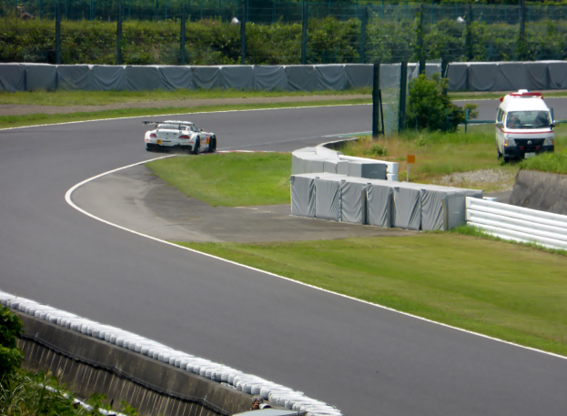 Ein Rennwagen fährt auf einer Rennstrecke mit einem Polizeiwagen im Hintergrund, umgeben von Gras, Pflanzen, Bäumen und einem Fahrzeug auf der rechten Seite und Text am unteren Rand.
