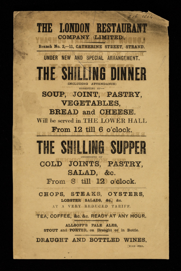Ein Blatt Papier mit der Aufschrift "Das Shilling Dinner im Londoner Restaurant", das als Speisekarte für ein Restaurant dient.