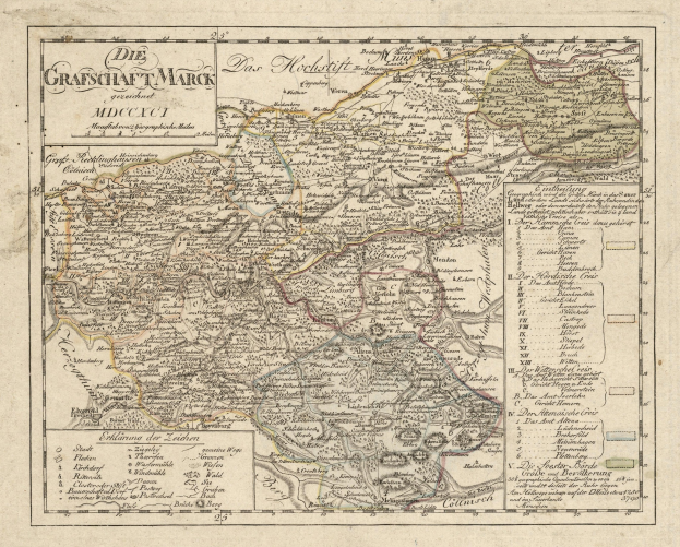 Alte Karte von München, Deutschland, mit dekorativem Rand, zeigt Straßen, Parks, Flüsse und Berge in blauen, grünen und gelben Tönen.