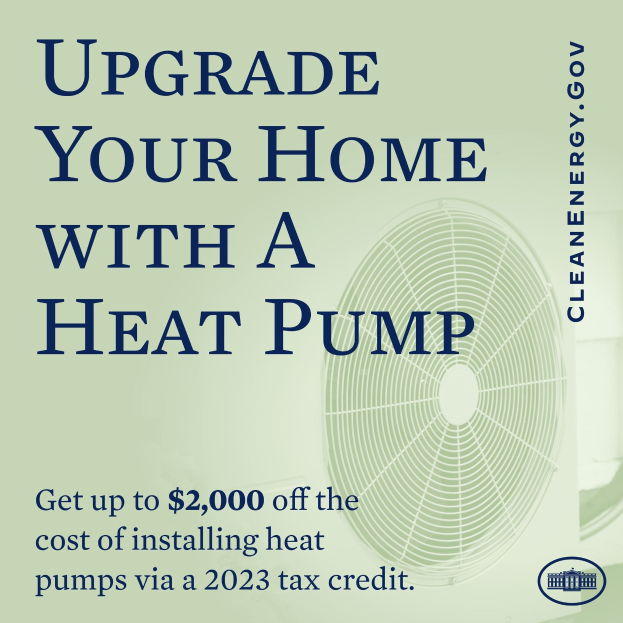 Plakat zur Werbung für den Austausch von Heizungen zu Wärmepumpen, mit einem Bild einer Wärmepumpe und dem Text "Upgrade Your Home with a Heat Pump."