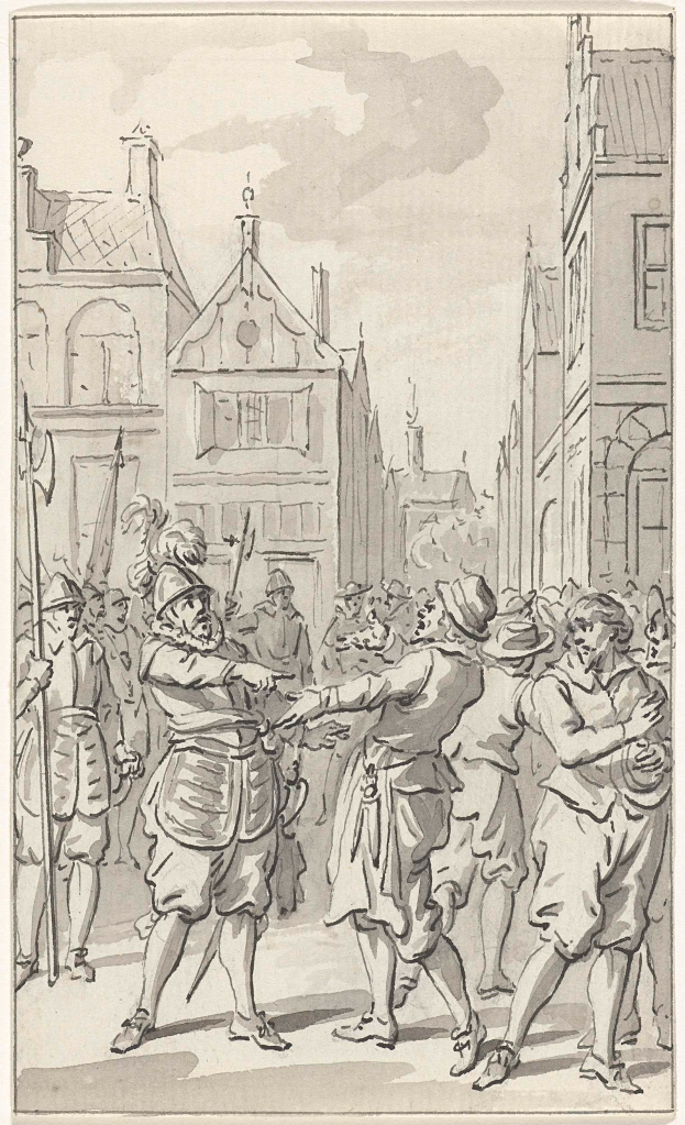 Eine Zeichnung von Menschen, die auf der Straße tanzen, mit Gebäuden und Himmel im Hintergrund, unterzeichnet mit 'William Hogarth, 'Die Rückkehr des verlorenen Sohnes'