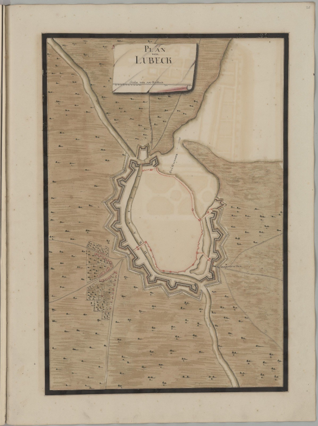 Ein detaillierter Stadtplan der Stadt Lübeck auf dem Cover eines alten Buches, der Straßen, Gebäude und Sehenswürdigkeiten zeigt, begleitet von Texten über die Geschichte und Kultur der Stadt.