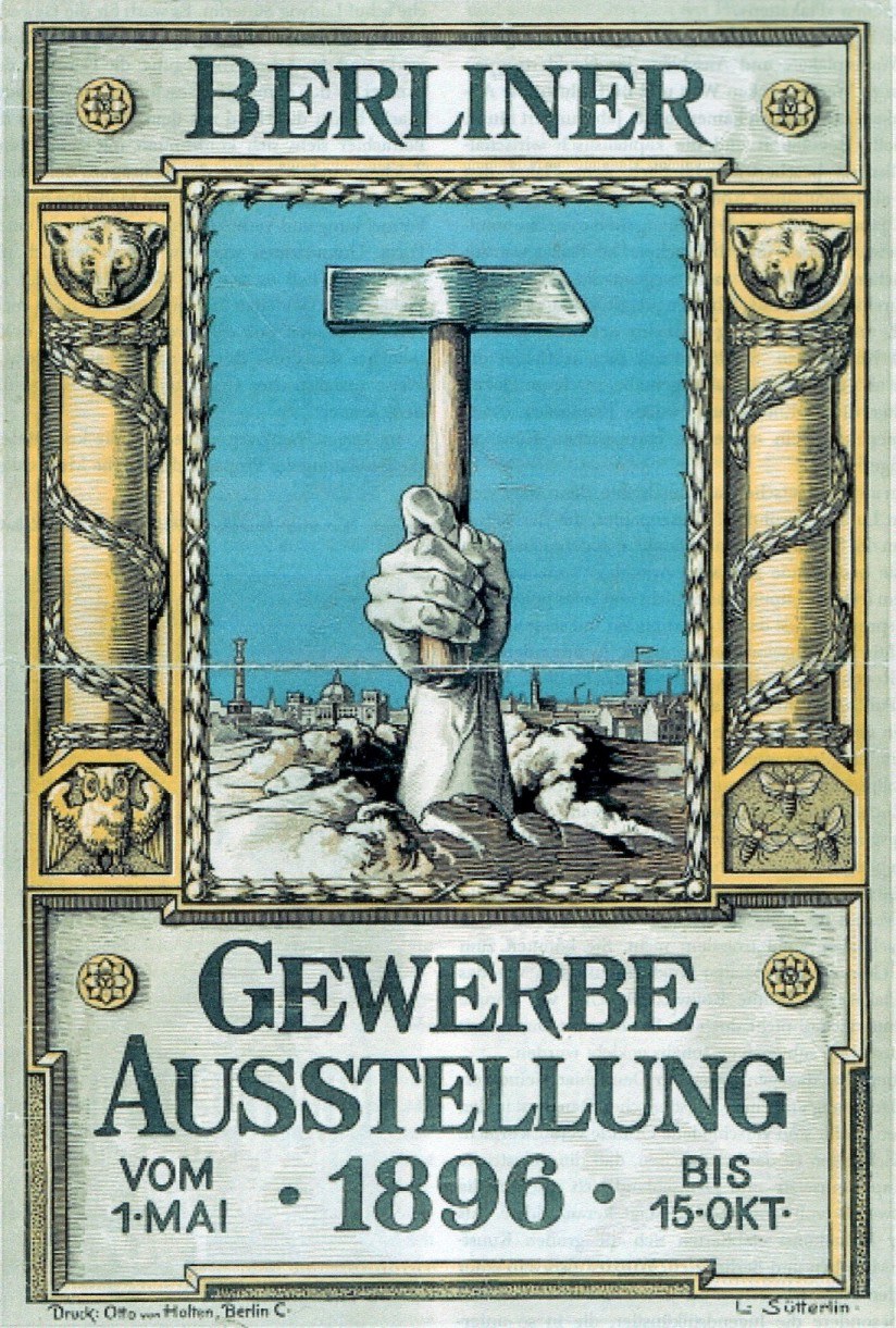Plakat aus der Berliner Gewerbeausstellung 1896 mit einer Hand, die einen Hammer hält