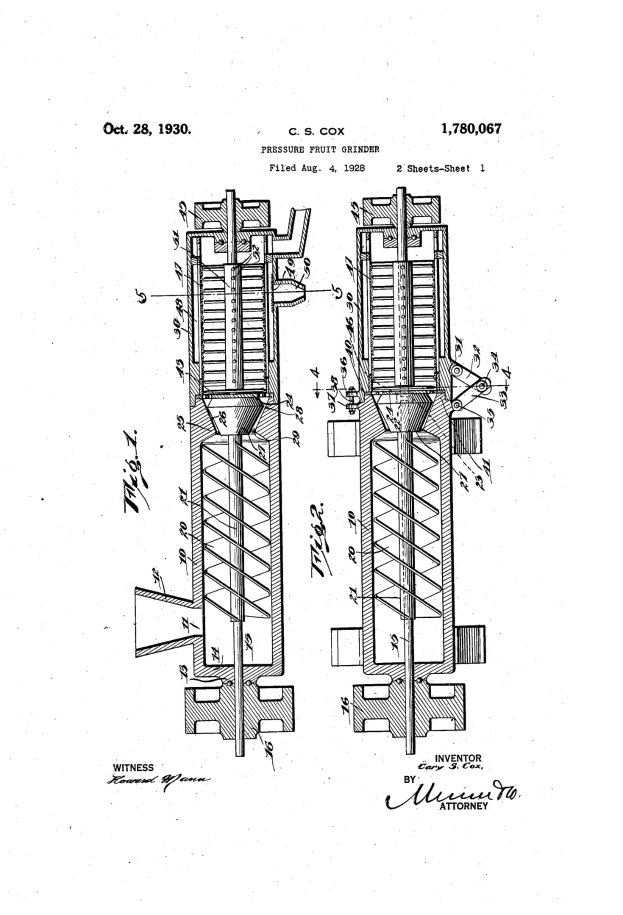 Eine Strichzeichnung einer hydraulischen Pumpe mit dem Text "US-Patent 1,780,077" und "Patent für eine hydraulische Pumpe" auf einem weißen Hintergrund.