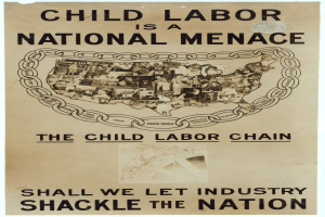 Plakat mit der Aufschrift "Kinderaert ist eine nationale Gefahr - Sollen wir der Industrie die Nation ausliefern" in fetter schwarzer Schrift auf einem weißen Hintergrund, das eine vielfältige Gruppe von Menschen zeigt, die gemeinsam stehen.