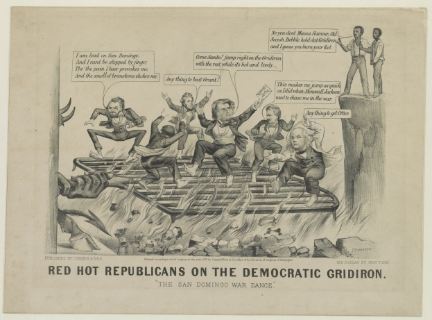 Ein Blatt mit einer Zeichnung von roten Figuren, die als "Republikaner" auf einem Gitter mit der Aufschrift "Demokraten" dargestellt sind und besorgt mit verzerrten Gesichtern und erhobenen Armen dastehen, sowie eine fette schwarze Schrift, die die Dringlichkeit der Situation betont.