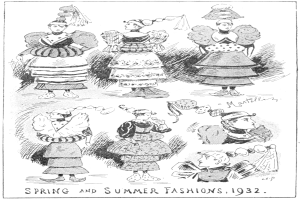 Eine Zeitung mit einer Zeichnung mehrerer Frauen in modischen Kleidern der Frühjahrs- und Sommerkollektion 1932.