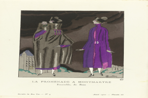 Zwei Frauen in lila Kleidern, die nebeneinander vor einer Kulisse aus Gebäuden stehen, mit dem Text 'La Promenade à Montmartre' unten.