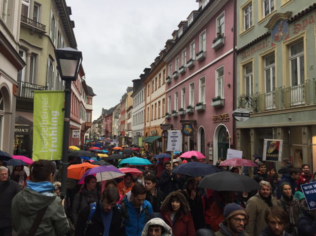 Große Gruppe von Menschen, die mit Schirmen die Straße entlanggehen, einige tragen Taschen und halten Schilder, während sie an einer Klimademo in Deutschland teilnehmen.