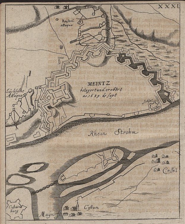 Alte detaillierte Karte von Meintz, Deutschland, zeigt Straßen, Gebäude und Sehenswürdigkeiten mit Texten zu Bevölkerung, Lage und historischer Information.