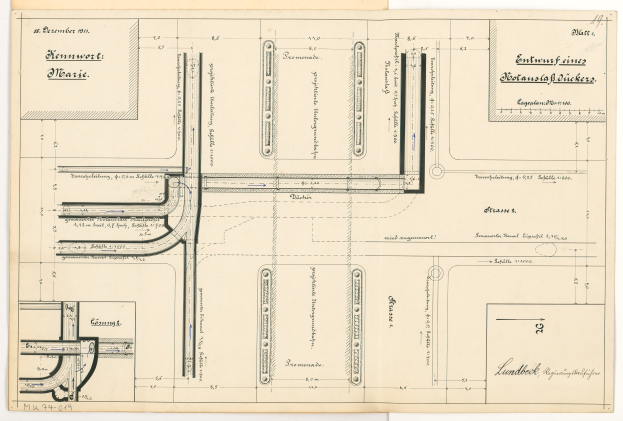 Ein altes Stadtplan von einer Stadt, wahrscheinlich Hamburg, mit zahlreichen Gebäuden und Text, gedruckt auf einem Blatt Papier.
