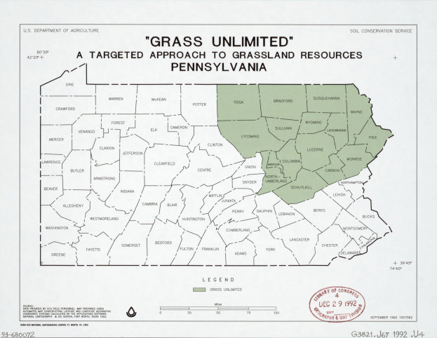 Plakat mit der Aufschrift "Grass Unlimited: Ein gezielter Ansatz für Graslandressourcen" mit einer Karte von Pennsylvania in Grünschattierungen und fetter schwarzer Schrift.