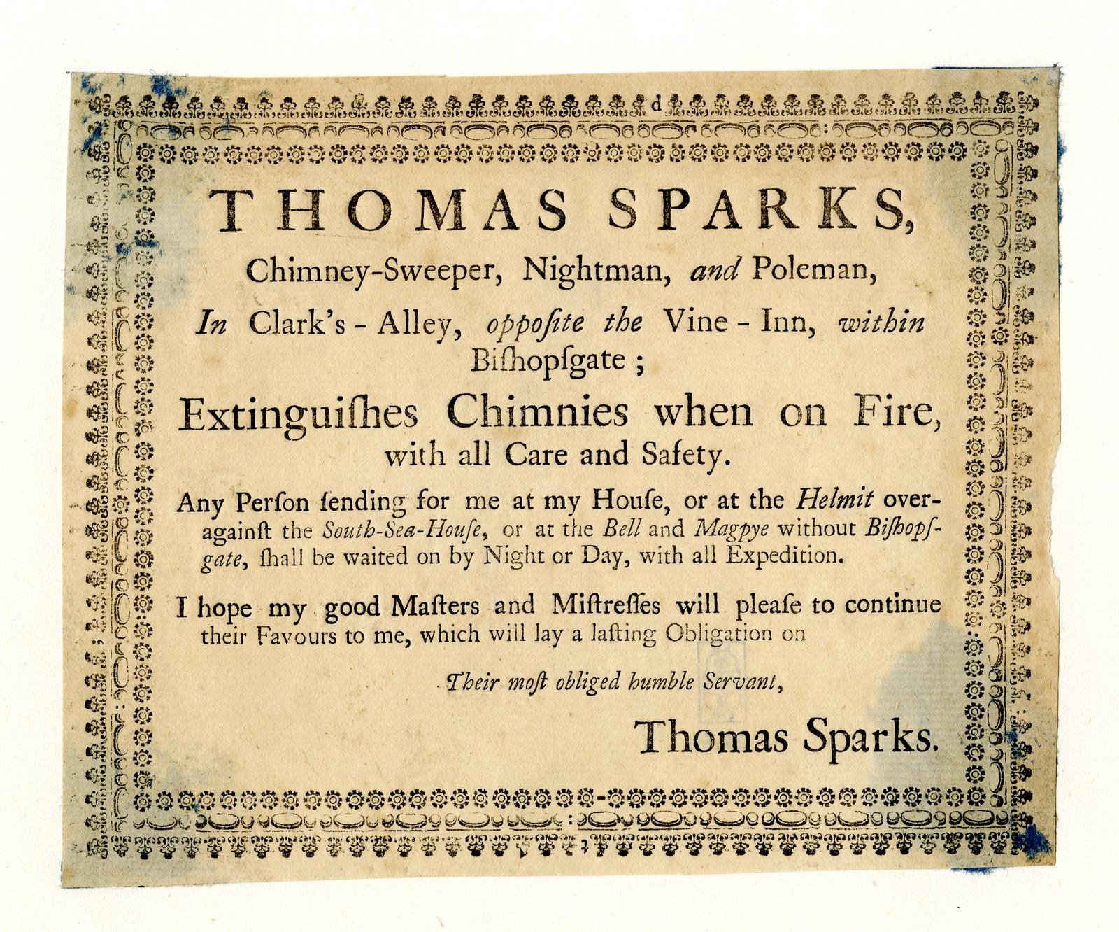 Papier mit gedrucktem Text, der die Dienstleistungen des Schornsteinfegers Thomas Sparks ankündigt, einschließlich Feuerlöschung, befindet sich in Clark's Alley gegenüber dem Vine-Inn innerhalb von Bishopsgate.