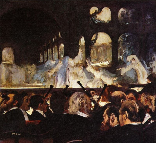 Gemälde 'Das Konzert im Opernhaus' von Edgar Degas zeigt eine Gruppe von Menschen in einem Raum, einige halten Musikinstrumente, im Hintergrund sind Säulen und eine Wand zu sehen und Text oben und unten.
