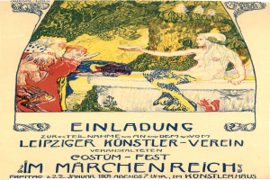 Ein Plakat, das ein Festival in München ankündigt und ein Gemälde einer Frau mit menschlichem Gesicht zeigt, umgeben von anderen Menschen und Bäumen.
