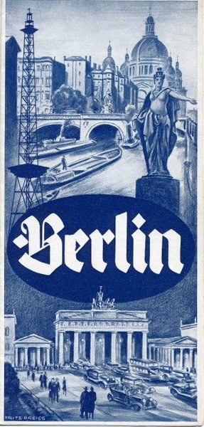 Plakat, das Berlin, Deutschland, mit einer Statue, Gebäuden, einem Turm, Menschen, Fahrzeugen auf der Straße und einer Brücke zeigt und Text enthält, der Stadtinformationen bereitstellt.