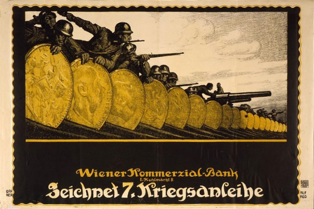 Deutsches Propagandaplakat aus dem Zweiten Weltkrieg, das Soldaten in Helmen mit Waffen zeigt und unten den Text 'Wiener Kommerzialbank' trägt.