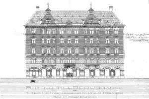 Schwarze und Weiße Zeichnung des Ritz-Carlton Hotels in Hamburg, Deutschland, mit detaillierter Gebäudeansicht und zahlreichen Fenstern sowie Text.