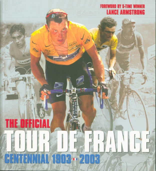 Offizielles Tour de France-Jubiläumsplakat von 1903-2003, das Radfahrer bei einer Gruppenfahrt zeigt, mit Text.