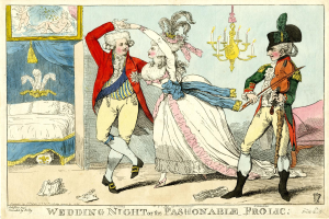 Eine Karikatur von einem Mann und einer Frau, die auf einer Hochzeit tanzen, beleuchtet von einem Kronleuchter, mit einem Bett, einem Wandrahmen und verschiedenen Gegenständen auf dem Boden; unten steht der Text "Hochzeitsnacht oder das modebewusste Vergnügen".