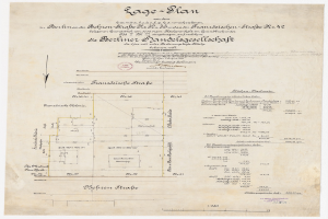 Altes Dokument mit einer Karte eines Gebäudes mit der Überschrift "Plan der Berliner Handelagellachaft", das Text und einen Stempel auf der linken Seite enthält.