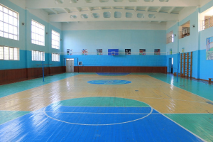Große Turnhalle mit blau-weißem Boden, einem Basketballfeld, einem Netz mit Stangen, einer Tür, Fenstern, Wandplakaten, einem Geländer und einem Dach.