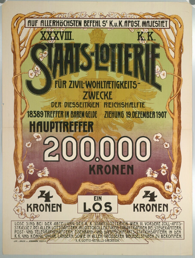 Ein verwittertes Plakat an einer Gebäudewand, das eine Lotterie mit Text und Zahlen ankündigt und ein großes Bild von Bargeld zeigt.