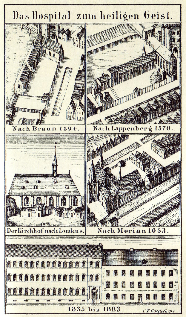 Eine detaillierte Plakatillustration eines deutschen Krankenhauskomplexes mit beschrifteten Gebäuden, Fenstern, Türen und Balkonen, begleitet von Text, der dessen Größe, Lage und Merkmale beschreibt.