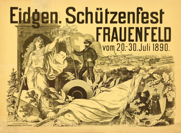 Ein Vintage-Plakat für das Eidgen Schützenfest in Frauenfeld, Deutschland, mit einem Mann in einem Anzug und einer Frau in einem Kleid nebeneinanderstehend und mit Veranstaltungseinzelheiten darauf.