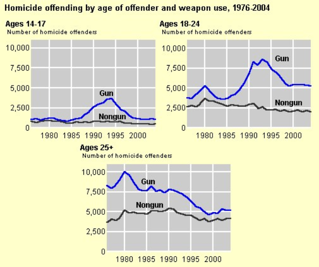 Graphik, die die Homicide-Offending-Rates nach Alter des Täters und Waffengebrauch von 1976 bis 2004 zeigt, mit begleitendem erklärendem Text.