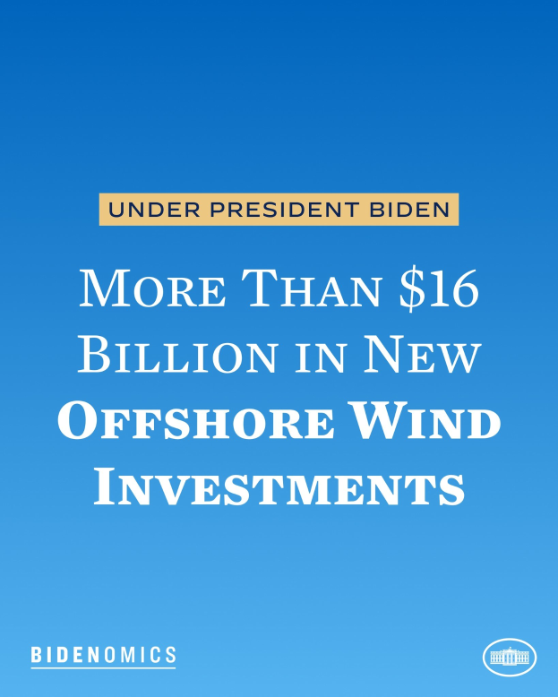 Plakat mit blauem Hintergrund und weißer Schrift, die besagt: "Mehr als 16 Milliarden US-Dollar in neue Offshore-Wind-Investitionen unter Präsident Biden."