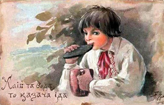 Eine Vintage-Postkarte mit einem jungen Mädchen in einem weißen Kleid, das eine Tasse Kaffee hält, mit einem fröhlichen Gesichtsausdruck, vor einem abgestimmten blauen, grünen und gelben Hintergrund und der fetten Schrift "Frohes neues Jahr".