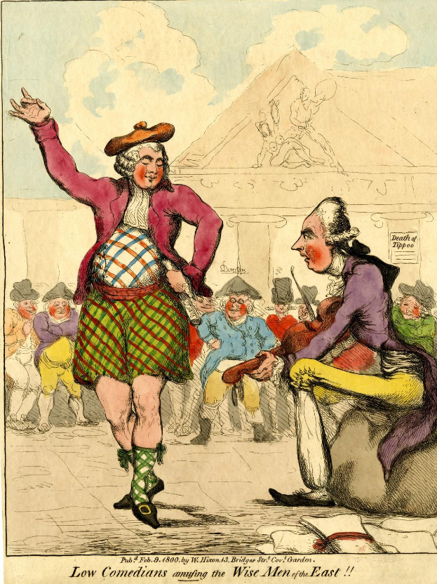 Cartoon-Illustration eines Mannes in einem Kilt und einer Frau in einem Kleid, die vor einem Publikum auf einer Bühne unter einem bewölkten Himmel auftreten, mit der Unterschrift 'Niedrige Komiker amüsieren die weisen Männer des Ostens' unten.