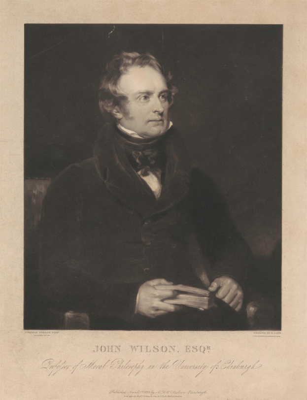 Portrait von John Wilson Esqr., dem Gründer der moralischen Philosophie an der Universität Edinburgh, sitzend in einem Stuhl und ein Buch haltend, mit Text unten.