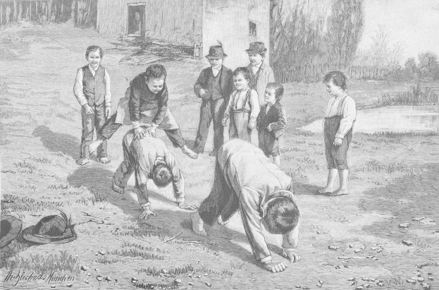 Schwarzes Bild von Kindern auf einem Feld, mit zwei Jungen in der Mitte, die kämpfen, während die anderen zuschauen, ein Hut und Text links.