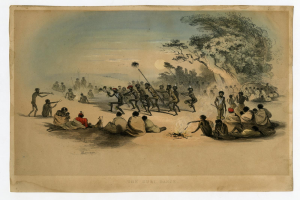 Eine Gruppe von Menschen tanzt um ein helles Feuer in einem Feld unter einem klaren blauen Himmel, mit Bäumen im Hintergrund und dem Text "Der Kuri-Tanz, 1839" unten.