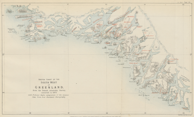 Eine detaillierte Karte des südwestlichen Grönlands auf Papier, die geografische Merkmale wie Flüsse, Berge und Städte zeigt, sowie begleitenden Text mit Informationen zur Geografie, Bevölkerung und Städten der Region.