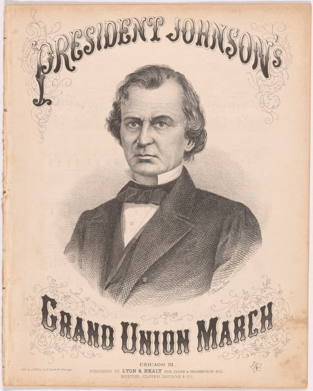 Ein Plakat mit einem zentralen Porträt von Präsident Johnson, auf dem wahrscheinlich Details zum Grand Union March Ereignis stehen.