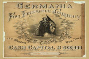 Alte Werbetafel für die Germania Feuerversicherungsgesellschaft mit einer Frau in der Mitte und Text, der die Dienstleistungen beschreibt.