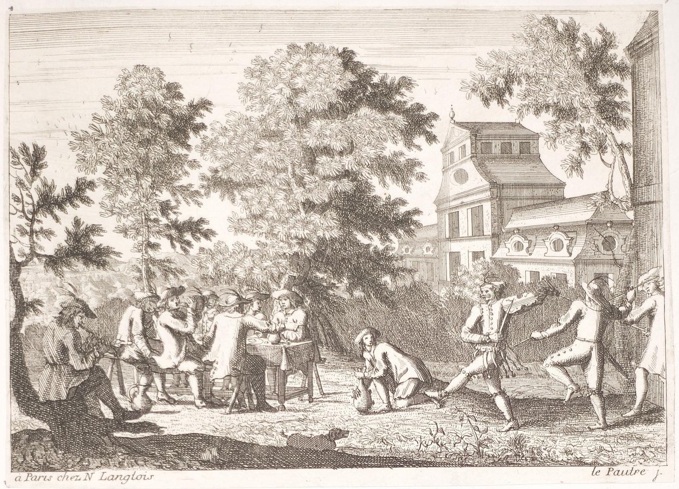 Menschen, die ein Spiel in einem Park mit Bäumen und einem Gebäude im Hintergrund spielen, mit Text unten.