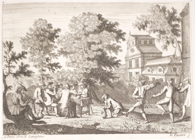 Menschen, die ein Spiel in einem Park mit Bäumen und einem Gebäude im Hintergrund spielen, mit Text unten.