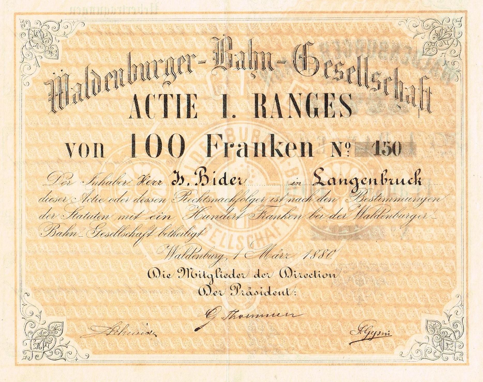 Alte deutsche Banknote mit Porträt eines Mannes und dem Text "Haldenburger-Balm Gesellschaft Actie 1 Ranges".
