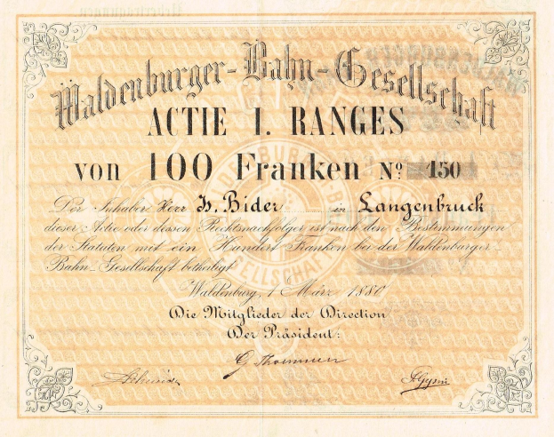 Alte deutsche Banknote mit Porträt eines Mannes und dem Text "Haldenburger-Balm Gesellschaft Actie 1 Ranges".