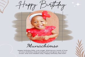 Eine Geburtstagskarte mit einem Foto eines Mädchens in einem roten Kleid, umgeben von bunten Ballons, Girlanden und Konfetti, mit der Aufschrift "Happy Birthday!".