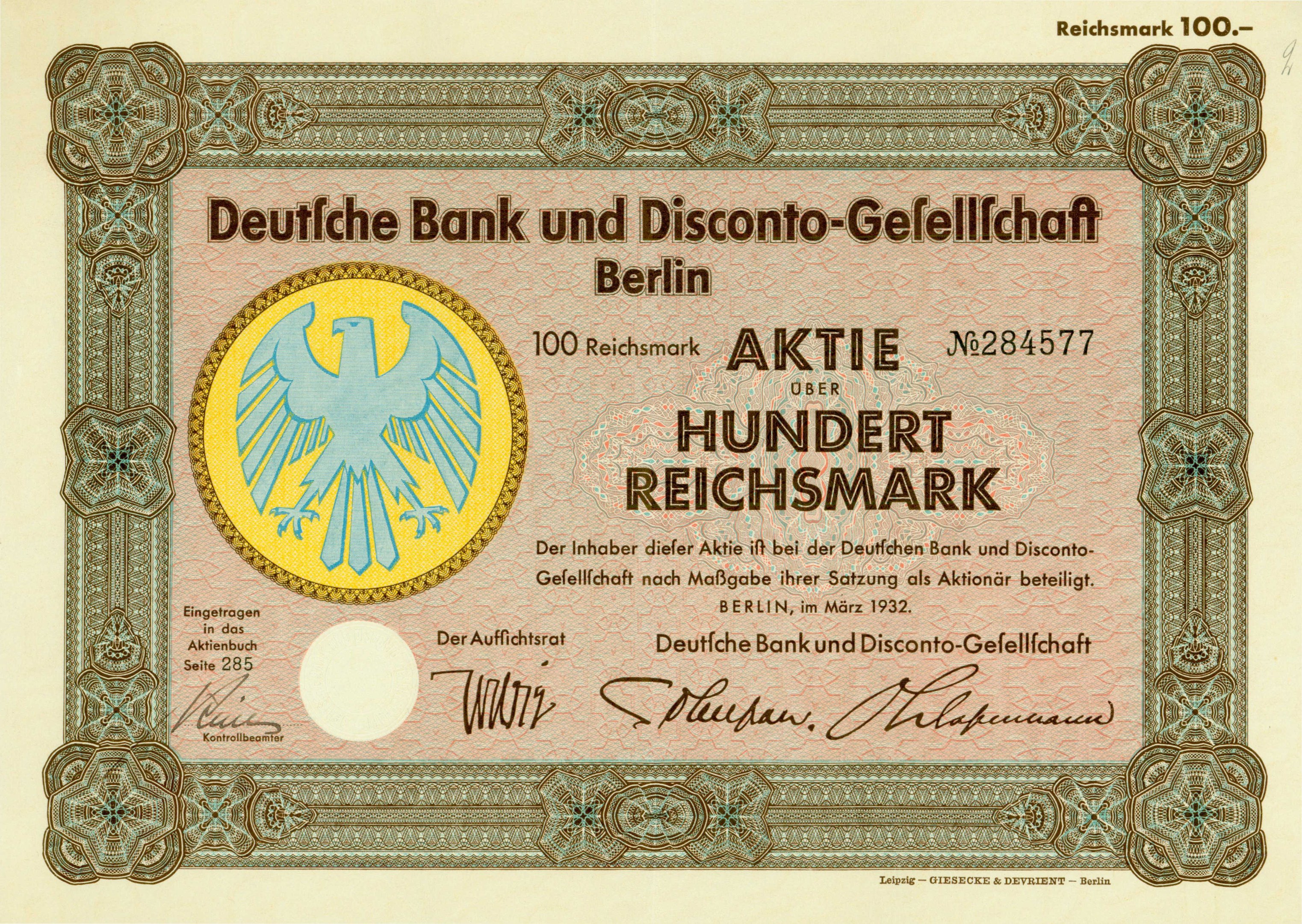 Alte deutsche Banknote mit einem Vogeldesign und der Aufschrift "Deutsche Bank und Disconto-Gesellschaf Berlin".