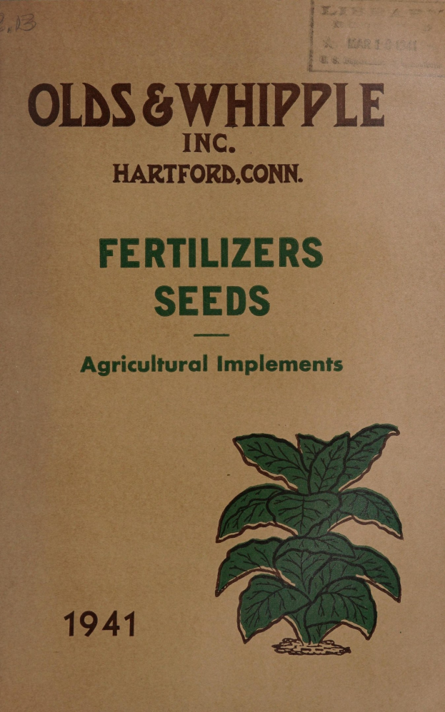 Alter Buchumschlag aus dem Jahr 1941 mit dem Titel "Düngemittel Samen Landwirtschaftliche Geräte" mit einer Abbildung einer grünen Pflanze mit Blättern und Stielen.