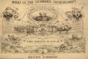 Eine Zeitung mit Bildern von Menschen und Text, der lautet: Was ist das Vaterland der Deutschen? Die Rheinschau von Henry Parker.