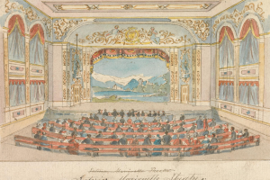 Eine detaillierte Zeichnung eines Theaters mit einem Publikum im Auditorium, Wänden mit aufwändigen Designs, einer Decke mit Lichtern und dekorativem Text unten.