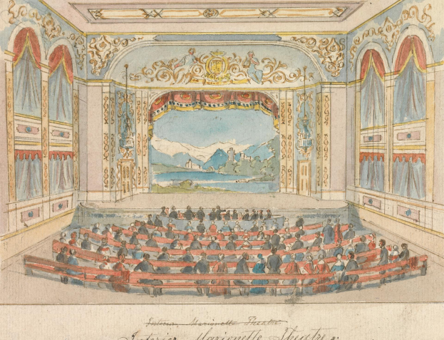 Eine detaillierte Zeichnung eines Theaters mit einem Publikum im Auditorium, Wänden mit aufwändigen Designs, einer Decke mit Lichtern und dekorativem Text unten.