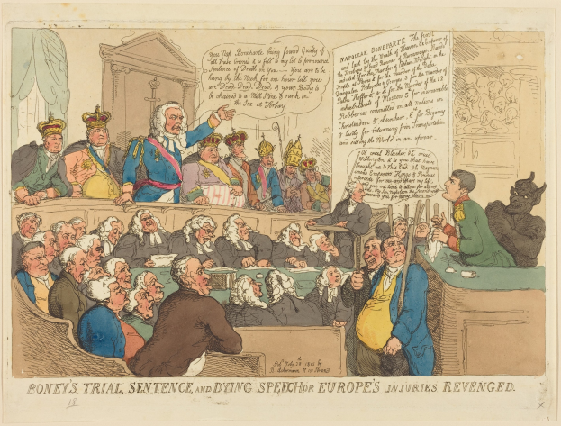 Cartoon courtroom scene with a standing man at center, a table of objects on the right, and the title 'Boney's Trial, Sentence, and Dying Speech Europe's Injuries Revenged' at the bottom.